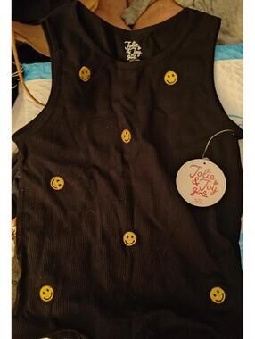 NWT Jolie & Joy tank top -youth L - black w smiley face AOP